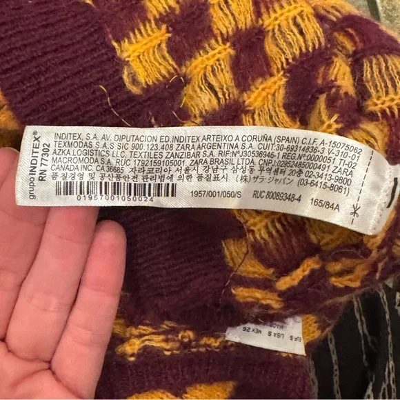 Zara Checkerboard Cropped Cardigan | Size Small | Maroon & Mustard - Picture 11 of 13